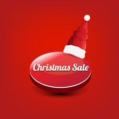 Wall Mural - vector Christmas sales paper banner or tag label with red santa hat on classic red christmas background. Red winter Christmas sale poster, banner, social media post design template and background