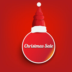 Wall Mural - vector Christmas sales paper banner or tag label with red santa hat on classic red christmas background. Red winter Christmas sale poster, banner, social media post design template and background