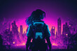 science fiction scenery, young girl with a backpack on the roof in a futuristic city in the night, purple lights,fictional person made with generative ai