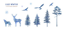 Watercolor Hand-painted Pine Trees And Animals In Blue Tones. Silhouettes Of Winter Trees And Animals. Deer, Wolf, Owl, Birds. Christmas Design, Cold Winter, Snow Drifts, Snowflakes.