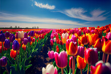 A Sea Of Tulips Under The Blue Sky And White Clouds