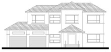 2D CAD Luxurious Two-story House Facade. Features A Steep Roof And 2 Driveways To An Enclosed Car Garage. The Design Of The House Incorporates Many Modern Elements.