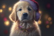 Cute golden retriever puppy with santa claus hat and christmas tree colorful lights. Created with generative AI.