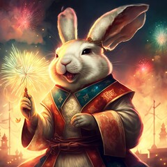 Poster - rabbit in the night sky，happy new year