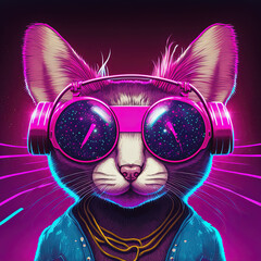 Wall Mural - Cool neon party cat in headphones and glasses. Generative AI. Not