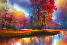 Sunset In The Forest  Autumn Color Illustration