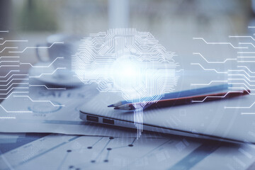 Poster - Double exposure of desktop with computer and brain drawing hologram. Artificial intelligence concept.