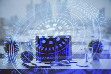Poster - Double exposure of table with computer on background and data theme drawing. Concept of innovation.