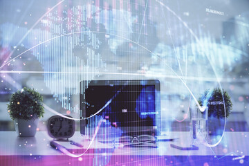 Aufkleber - Double exposure of business theme icons and work space with computer background. Concept of success.