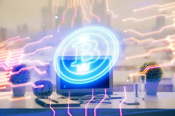 Poster - Double exposure of blockchain and crypto economy theme hologram and table with computer background. Concept of bitcoin cryptocurrency.