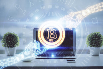 Poster - Double exposure of blockchain and crypto economy theme hologram and table with computer background. Concept of bitcoin cryptocurrency.