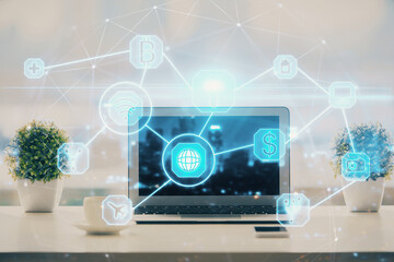 Aufkleber - Computer on desktop with social network hologram. Double exposure. Concept of international people connections.