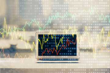 Aufkleber - Stock market graph on background with desk and personal computer. Double exposure. Concept of financial analysis.