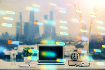 Aufkleber - Multi exposure of table with computer on background and data theme drawing. Concept of innovation.