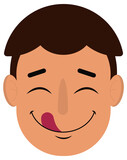 Fototapeta  - Boy with closed eyes smiling happily licking his lips with a hungry facial expression.