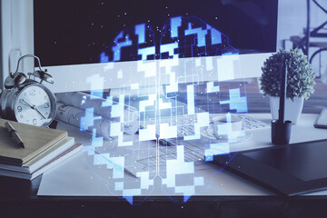 Poster - Double exposure of desktop with computer on background and tech theme drawing. Concept of big data.