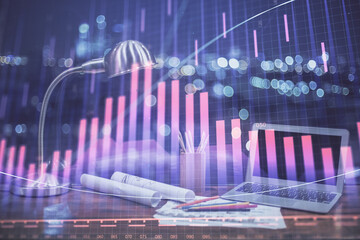 Poster - Stock market graph on background with desk and personal computer. Double exposure. Concept of financial analysis.