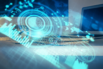 Poster - Multi exposure of business theme icons and table with computer background. Concept of success.