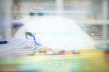 Aufkleber - Data tech hologram with glasses on the table background. Concept of technology. Double exposure.