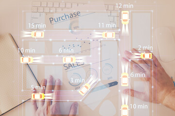 Poster - Human hands background and autonomous self drive pilot vehicle concept. Multi exposure.