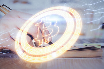 Poster - Man's hands working with notes background. Cryptocurrency and finance concept.