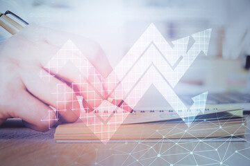 Aufkleber - Businessman with creative business upward arrows on people hands background. Financial growth concept. Multi exposure.