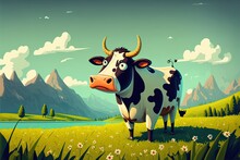 Cow In The Meadow Cartoon Illustration