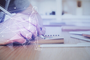 Poster - Creative start up concept hologram multi exposure with human hand background.