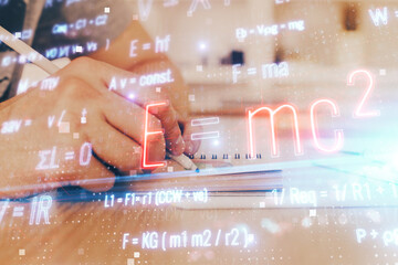 Poster - Student or teacher with mathematical and scientific formulas. Concepts of education.