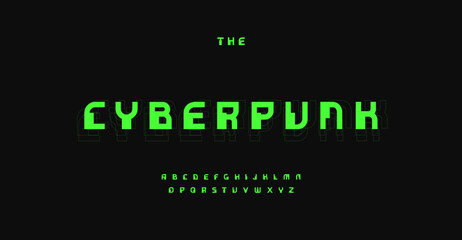 Aufkleber - Cyberpunk font, retro digital typeset. Green hacker alphabet, pixel unusual type. Cyber tech letters for microchip hud, network ai, database UI. Vector typographic design