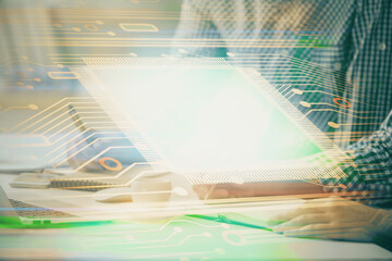 Aufkleber - Businessman with computer background with technology theme hologram. Concept of hightech. Multi exposure.