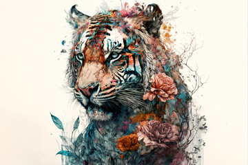 illustration of tiger surrounded by roses and lilies and peonies, tiger illustration, tiger drawing,