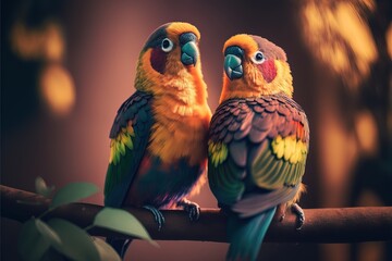Wall Mural -  two colorful birds sitting on a branch together with a blurry background behind them and a plant in the foreground. Generative AI