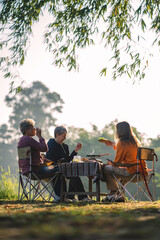 woman family having fun with food of picnic camp in the nature morning, summer travel vacation lifestyle of mother and girl at adventure forest park landscape in holiday, outdoors activity breakfast