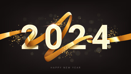 Wall Mural - 2024 Happy New Year banner. Number 2024 with 3d realistic golden ribbon and confetti on black background. Vector illustration for decoration of New Year events, banners, posters and flyers.