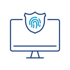 Computer with Touch ID Technology Line Icon. Password Screen, Security Access Pictogram. Fingerprint Identification, Shield on Display Protect Symbol. Editable Stroke. Isolated Vector Illustration