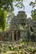 Rear Entrance Of Ruined Temple In Forest, Banteay Kdei, Angkor Wat; Siem Reap, Siem Reap Province, Cambodia