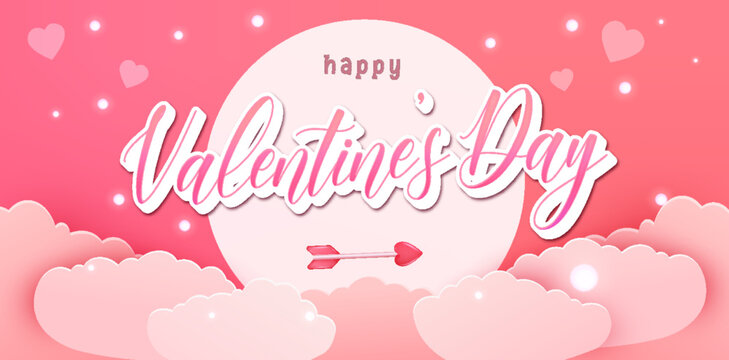 Happy Valentines Day pink font lettering typography  banner on white centre circle with heart shaped balloons on pink background with pink paper cut clouds. Holiday vector illustration banner