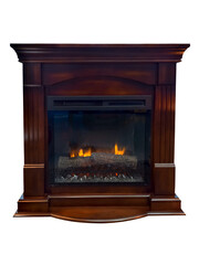 Elegant wooden fireplace with a burning hearth behind the glass isolated on a transparent background.