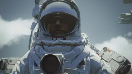 Wall Mural - Astronaut with an open helmet shield looking at the terraformed planet with breathable atmosphere. Spaceship flies in the background. Blue sky and clouds. Sci-fi scene.