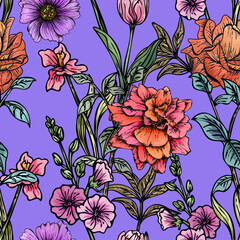 Wall Mural - Hand drawn elegant colorful seamless pattern with botanical floral design illustration