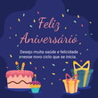 © GRANZA - Post de mensagem de feliz aniversário com fundo azul. Card de parabéns com bolo e caixa de presente