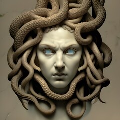 Image featuring a white marble bust of Medusa, otherwise known as Gorgo, a mythological monster slain by the hero Perseus in ancient Greek mythology.