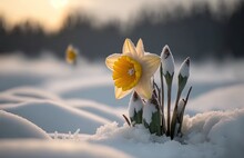 Illustration Of Blossom Yellow Daffodil Covered With Snow, Snow Fall,