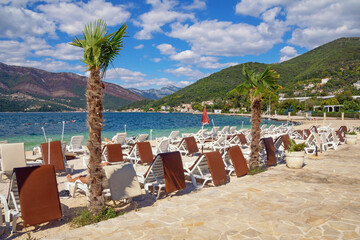 Wall Mural - Beautiful autumn Mediterranean landscape on sunny day,  beach vacation.  Montenegro,  Adriatic Sea. Coast of Kotor Bay near Tivat city