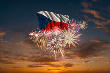 Wall Mural - Flag of Czech Republic and Holiday fireworks in sky