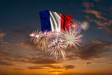 Wall Mural - Flag of France and Holiday fireworks in sky