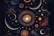 Gold Celestial Pattern - Moon And Stars - AI Art