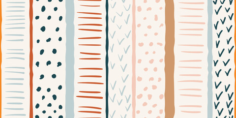 Poster - Abstract striped background with polka dots and 
check marks, as well as dashes. For prints and seamless surfaces of textiles, packaging, wallpaper.