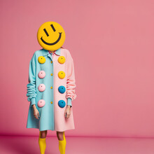 A Retro, Abstract Portrait With An Old-fashioned, Vintage Smiley Instead Of A Face On Pink Background. Pastel Blue Modern Styling, Technological Look. Illustration, Generative AI.